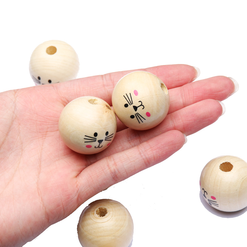 20/30mm Cat Cat Wooden Beads Printed Cartoon Animal Round Natural Wood Beads for Bracelet Garlands Pens Crafts Jewelry Making