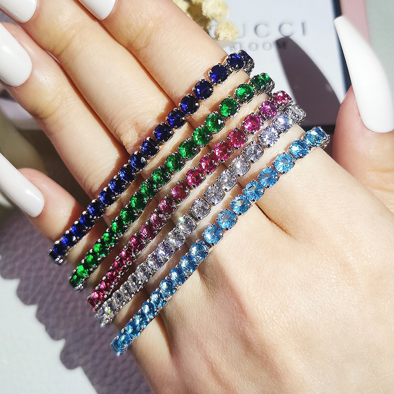 Single Row Royal Blue White Red Green Stone Round Zircon Tennis Bracelets For Women Silver Color 17/19CM Wedding Hand Chains CZ