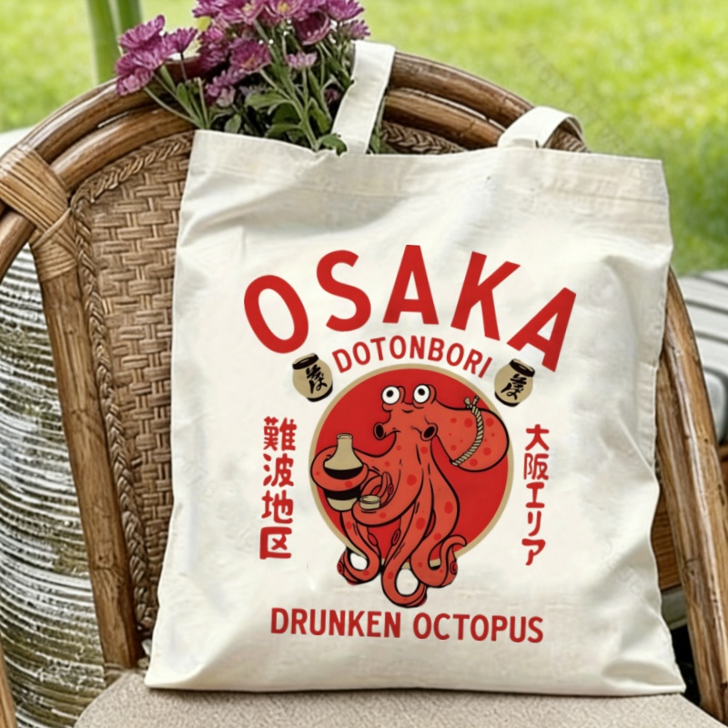 1pc Vintage Osaka Drunken Octopus Canvas Tote Bag Japanese Streetwear Eco-friendly Reusable Shoulder Bag