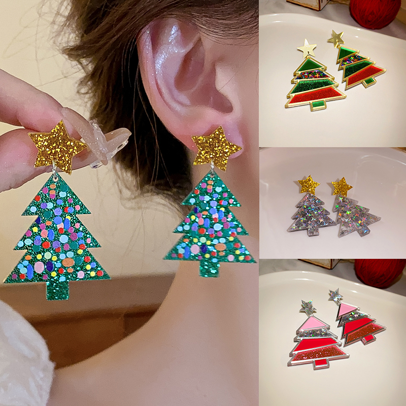 2 Pairs Resin Stars Trees Super Sparkle Colorful Sequin Geometric Dangle Earrings Women Festival Ear Jewelry Sets K-
