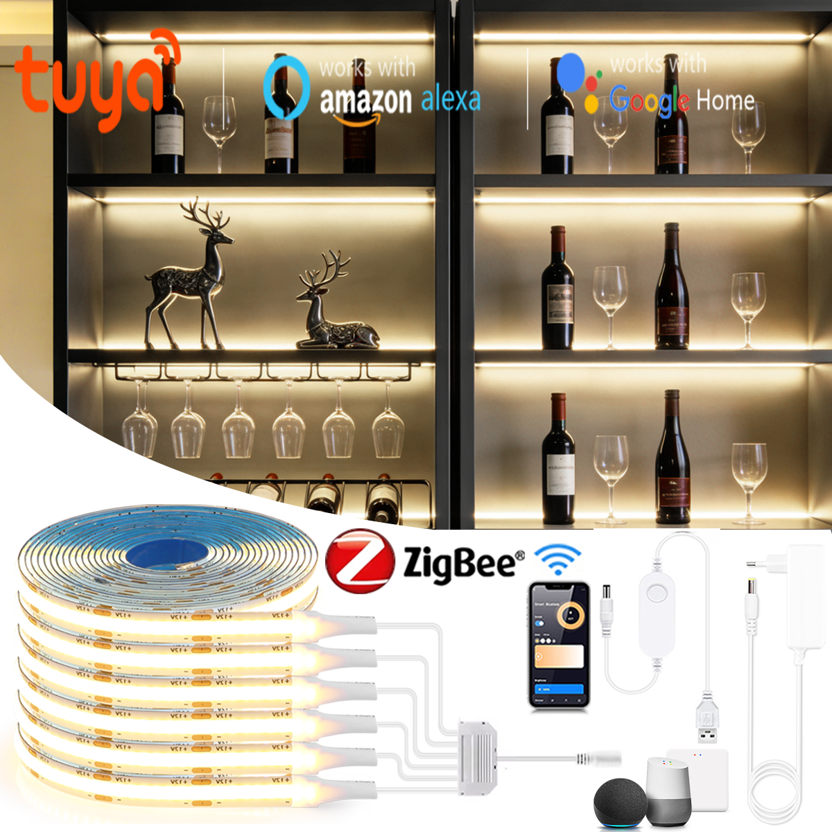 Zigbee Smart Under Cabinet COB LED Strip Dimmable Light Bookcase Wardrobe Closet Tuya Lamp Tape App Remote Control Wifi Lights lightify