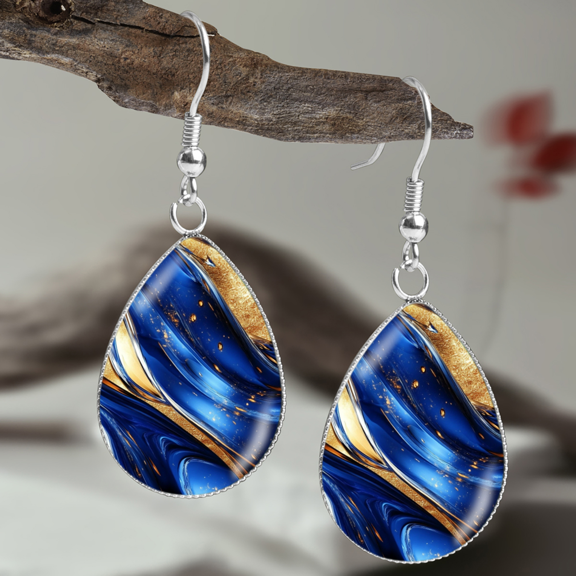 1 Pair of Blue Gold Dot Glass Pattern Earrings with Convex Glass and 316 Stainless Steel Material, Drop-Shaped Earrings, Elegant and Luxurious Style Jewelry for Men and Women to Wear at Parties and Banquets