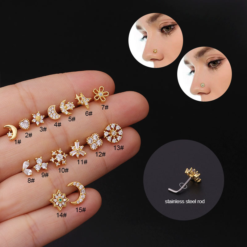 20G Surgical Stainless Steel Cubic Zircon Nose Stud Stackable Piercing Jewelry for Sensitive Ears Lobe Lip, L-Shaped