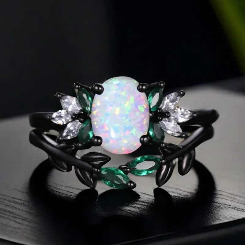 Retro Luxury Leaf Imitation Opal Double-layer Women's Ring, Elegant and Fashionable Holiday Accessories Jewelry s