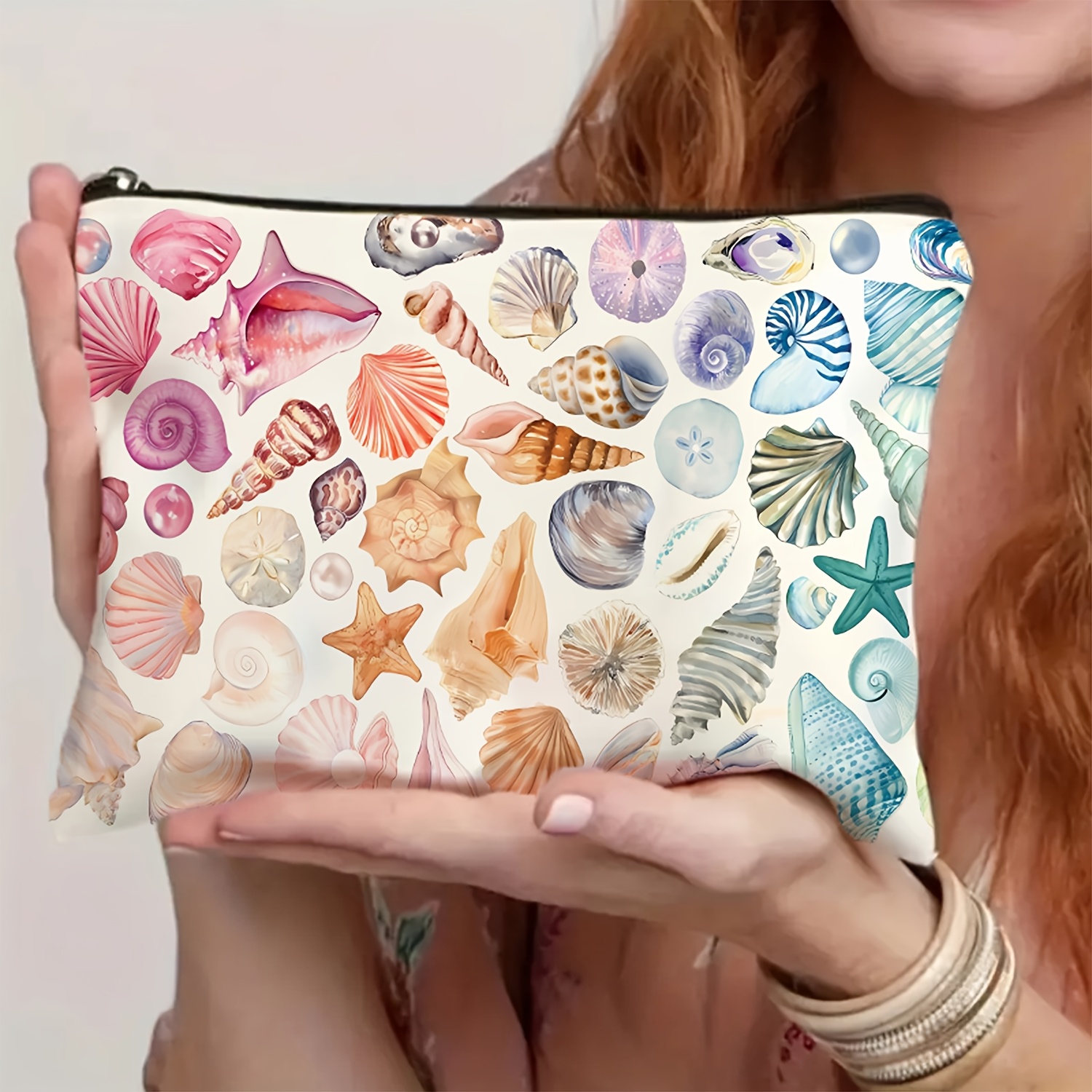 1pc Colorful Ocean Seashell & Starfish Travel Makeup Bag - Lightweight, Foldable, Fun Beach-Themed for Women