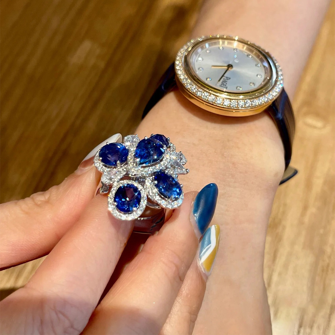 High Quality Deep Sea Blue Gem Flower rings for women Diamond inlay Water Drop Geometric Ring Wedding fine Jewelry