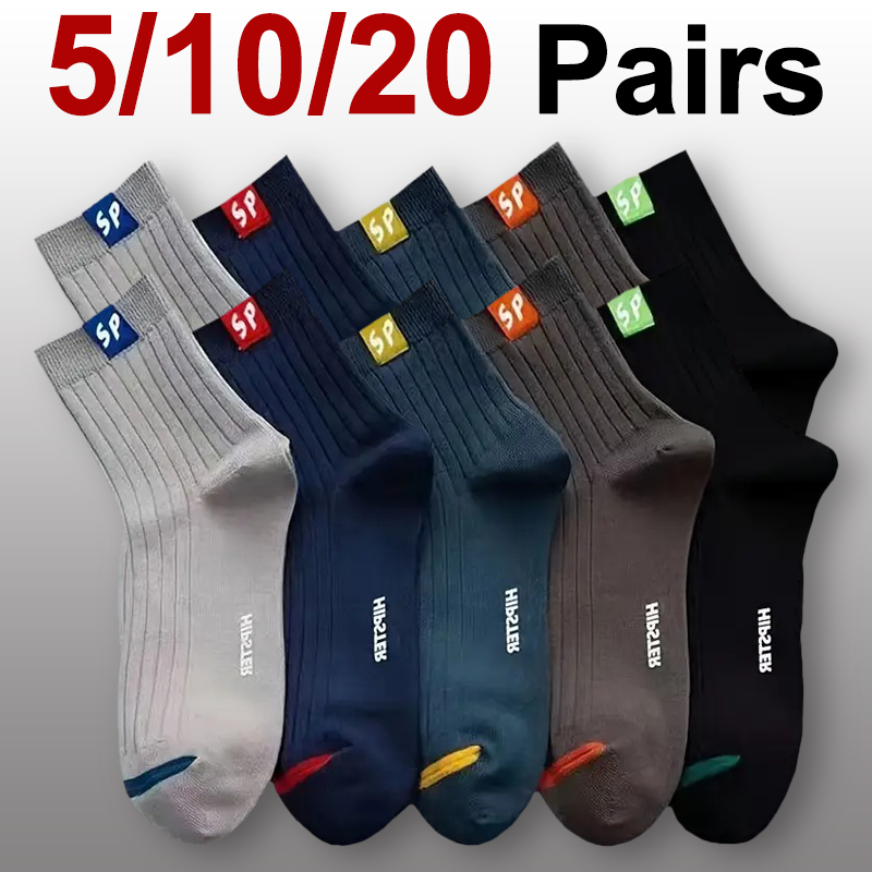 5/10/20 Pairs Men Women Letter Pattern Round Neck Socks Sweat Absorbing Breathable Four Seasons Universal Sports Leisure Socks