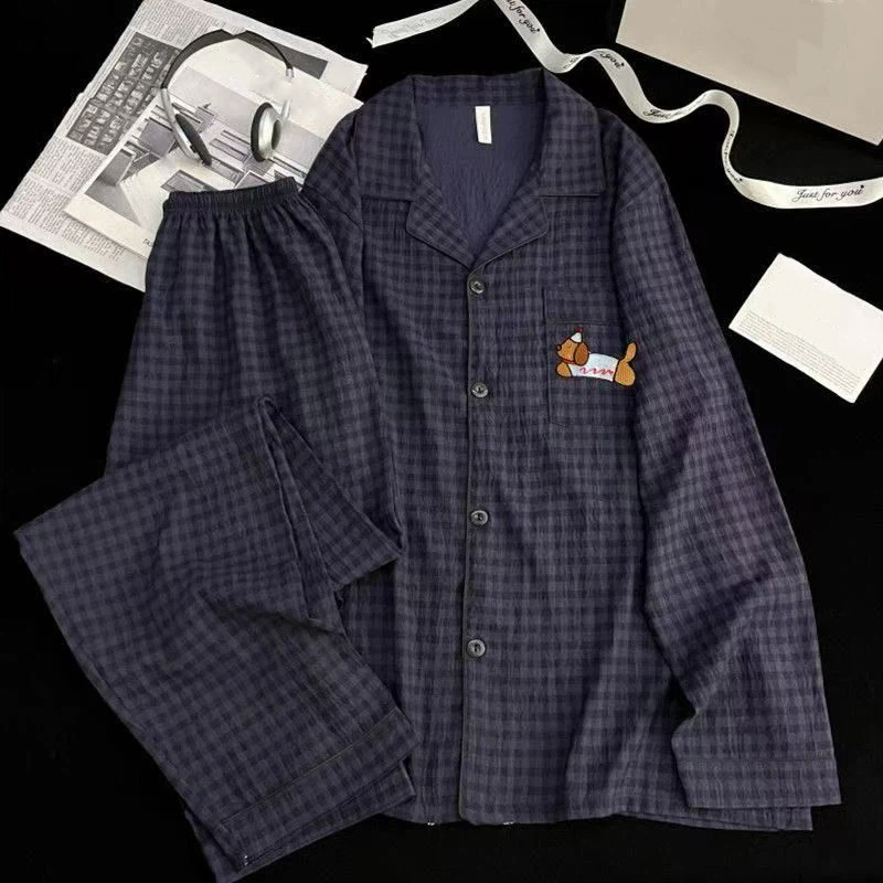 Embroidery Dog Vintage Plaid Men's Pyjama 2 Piece Suit Plus Size Casual Soft Fashion Men's Pajamas Set 2026 Spring New Sleepwear