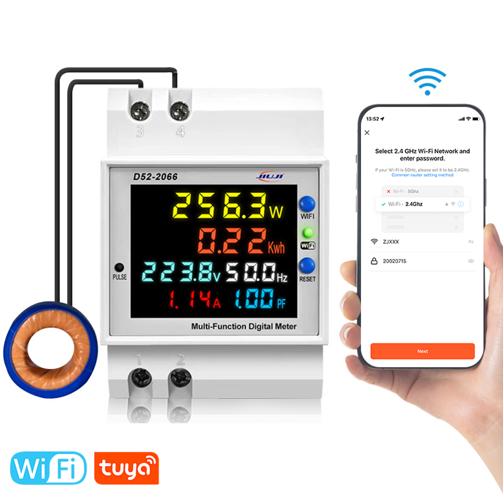 Tuya WiFi Home Intelligent Digital Display Electricity Meter DIN-Rail Voltage and Current Meter Multi-function Metering