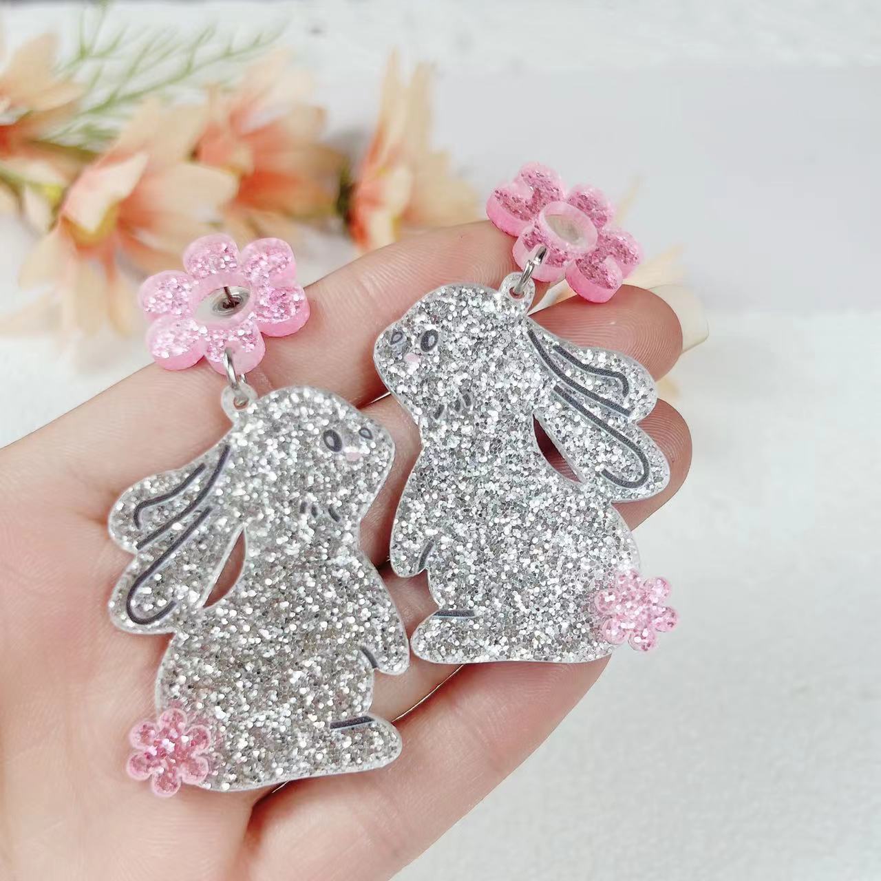 1 Pair Cute Cartoon Floral Bunny Pendant Earrings, Sparkly Blingbling Easter Drop Earrings For Fashion Accessory pen gpt