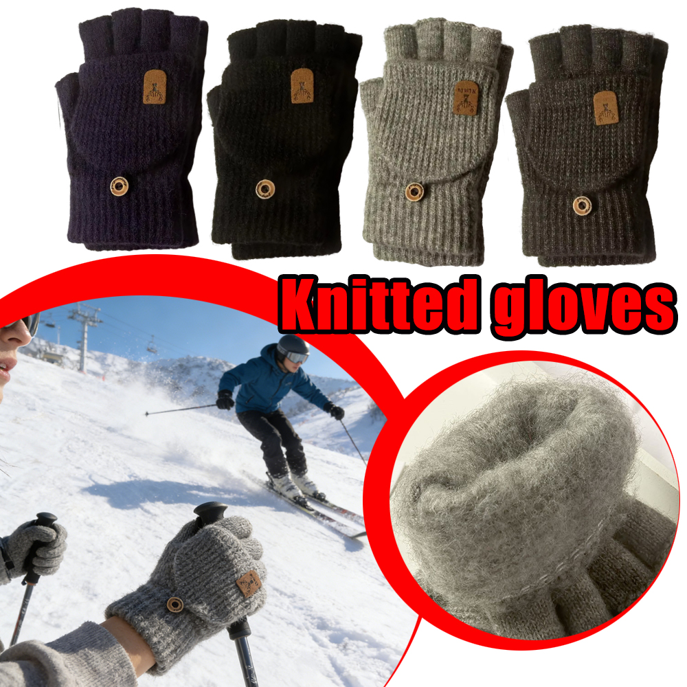 1 Pair Winter Half Finger Gloves Cold-proof Open Flip Design Knitted Warm Gloves Thick Elastic Windproof Plush Fingerless Gloves