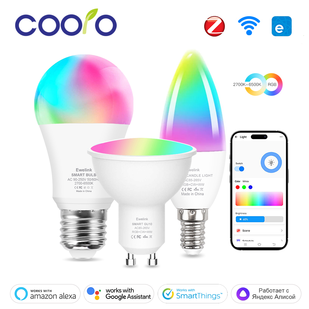 Smart WiFi Zigbee LED Light Bulb Dimmable E27 E14 GU10 RGBCW 3000-6000K LED Candle Lamp For Ewelink APP Alexa Home Yandex
