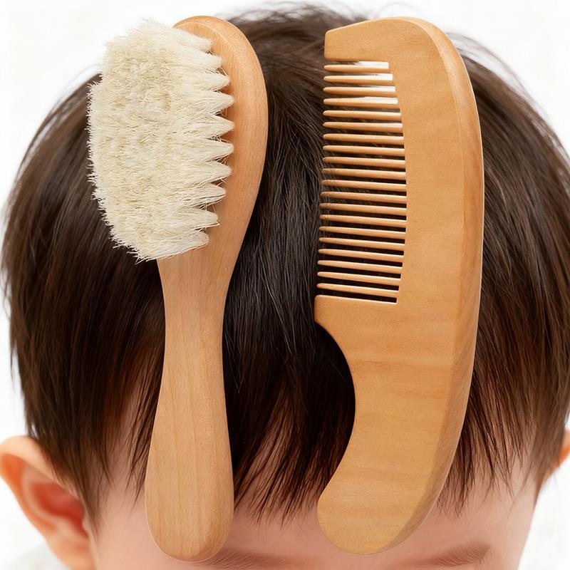 Newborn Baby Wool Wood Brush Comb Head Massage Tool Portable Baby Comb Bath Brush Comb，Special for Real Hair 1pc/1set