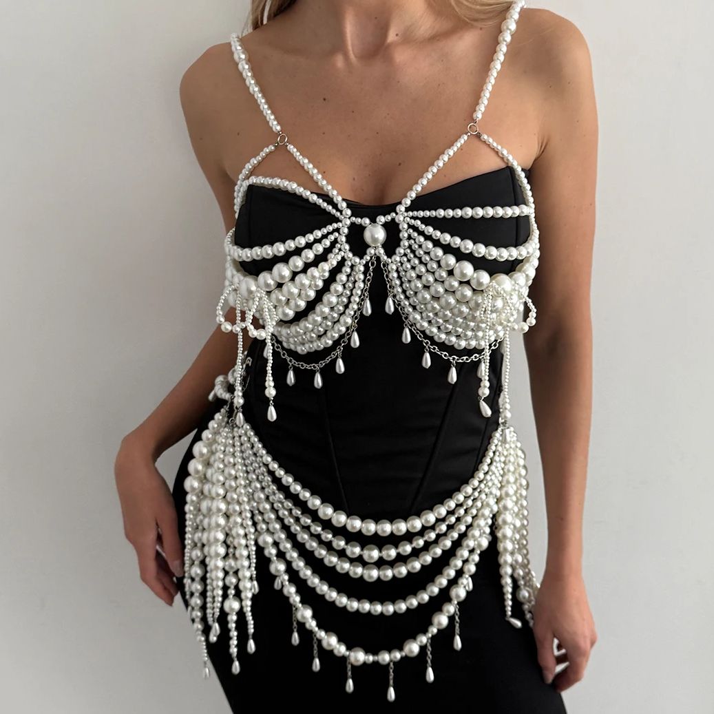 Ingemark Boho Imitation Pearl Bralette Body Chain Women Geometric Multi Layer Waist Chain Bikini 2026 New Body Jewelry