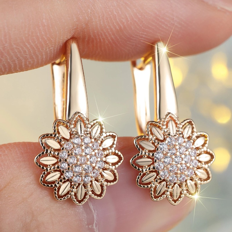 White Zircon Stone Sunflower Hoop Earrings Luxury Female Gold Color Wedding Jewelry for Women Bride Wedding Fine Jewelry Gift