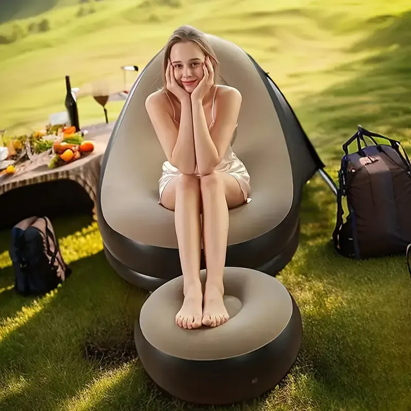 2Pcs Lazy Sofa Inflatable Chair Folding Recliner (Sofa + Footrest) Outdoor Sofa Bed with Footrest Indoor and Outdoor Portable Folding Air Mattress Lunch Break Leisure Chair Set - image 1