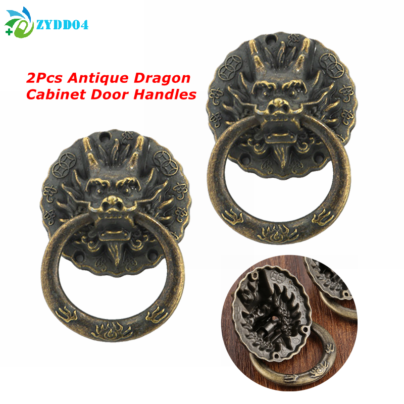 ●2Pcs Antique Bronze Dragon Head Pulls Chinese Style Vintage Cabinet Door Handles Dresser Drawer Ring Pulls Home Decor