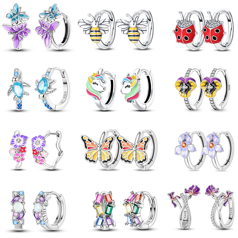 100% 925 Sterling Silver Colorful Butterfly Bee Ladybug Rainbow Flower Earrings For Women Fashion Birthday Party Jewelry s