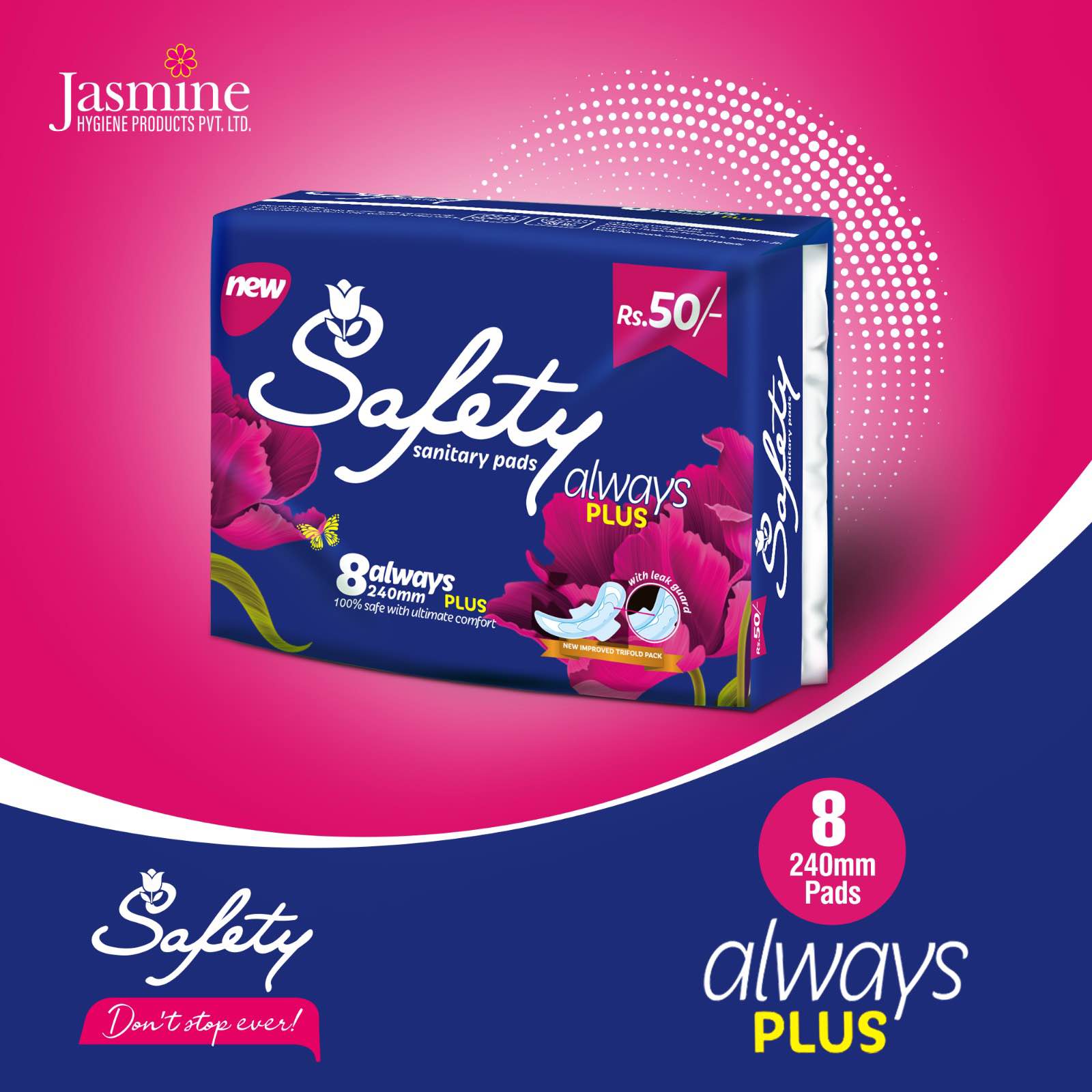 3 packs of Safety Always Plus 240 mm Sanitary 8 Pads/pack