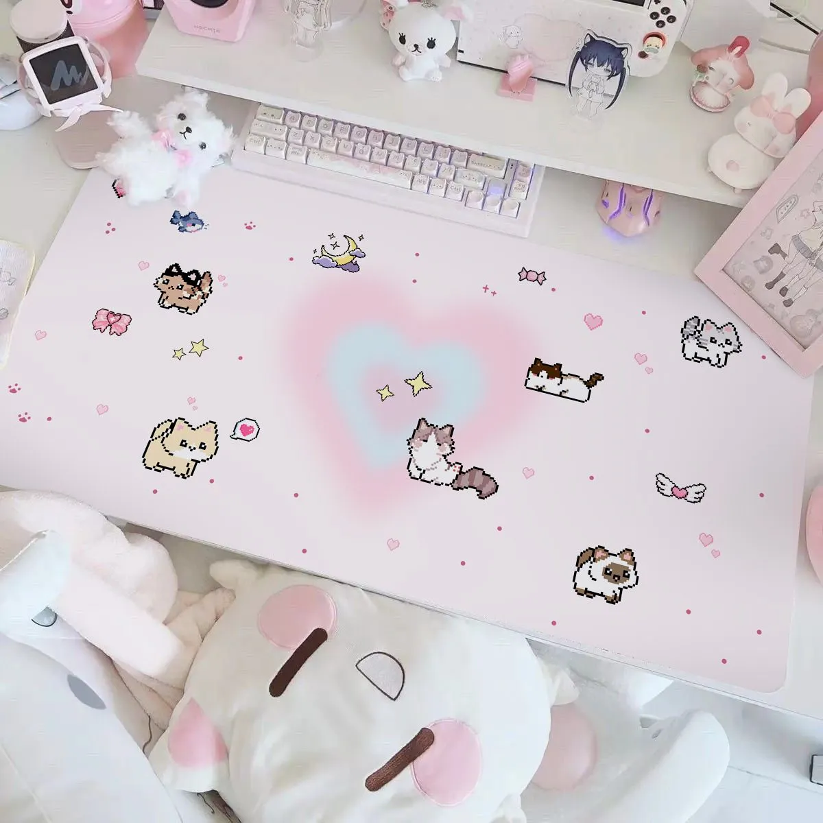 Kawaii Cartoon Pixel Kitten Large Mouse Pad Speed Gaming Keyboard Desk Mat for Office