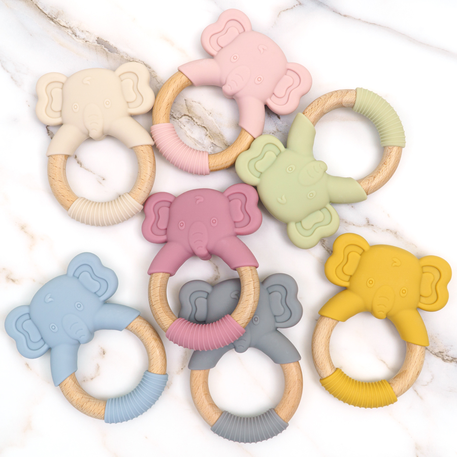 1pc Food Grade Baby Silicone Teether Rudder Shape Wooden Ring Teething Toys BPA Free Infant Chewing Nursing Toy Newborn