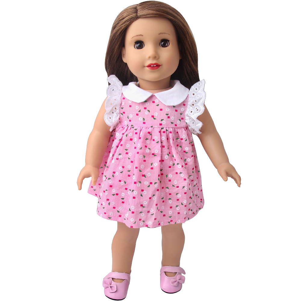 Summer new dress 18 inch girls' pink and white printed dress, cute and cute doll clothing, summer fashionable and cool short dre