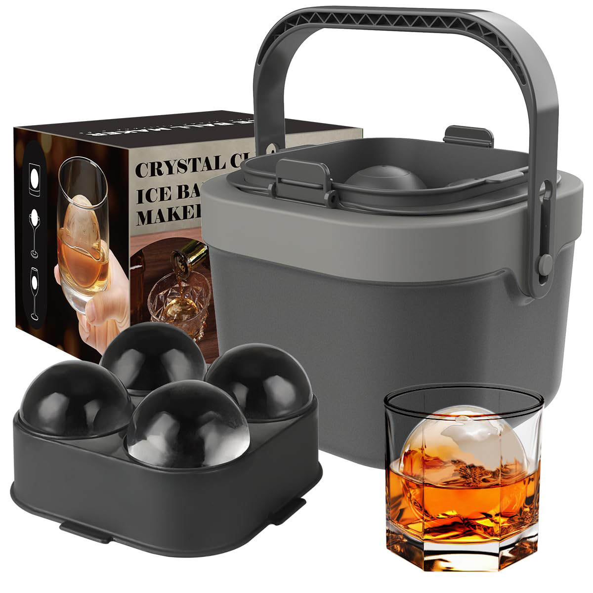 Angue Crystal Clear Ice Cube Maker, 4 Large 2.4" Ice Balls， Bartender-Quality Ice, Easy-to-Remove Sphere Ice Mold