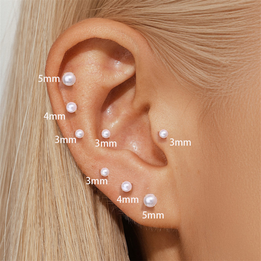 1Pair 3/4/5MM Pearl Stainless Steel Screw Stud Earrings for Women Girl, 14K Gold Plated Flat Pearl Cartilage Helix Earrings
