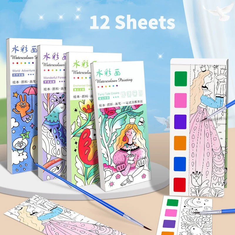 Portable Watercolor Painting Book Paint With Water Gouache Graffiti Picture Coloring Books Brush Set Drawing Students