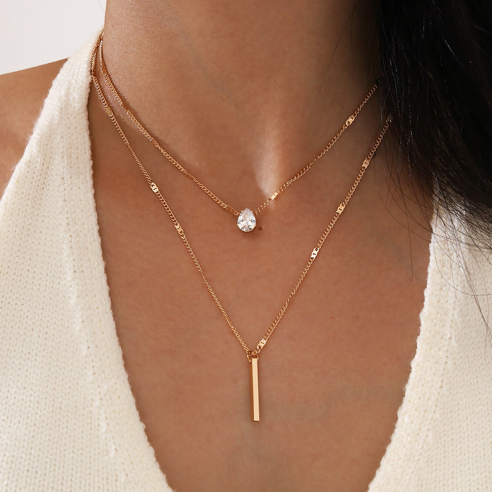 2Pcs/Set Fashion Multi-Layer Water Drop Zircon Bar Pendant Collarbone Choker Simple Metal Long Necklace For Birthday Party Gift