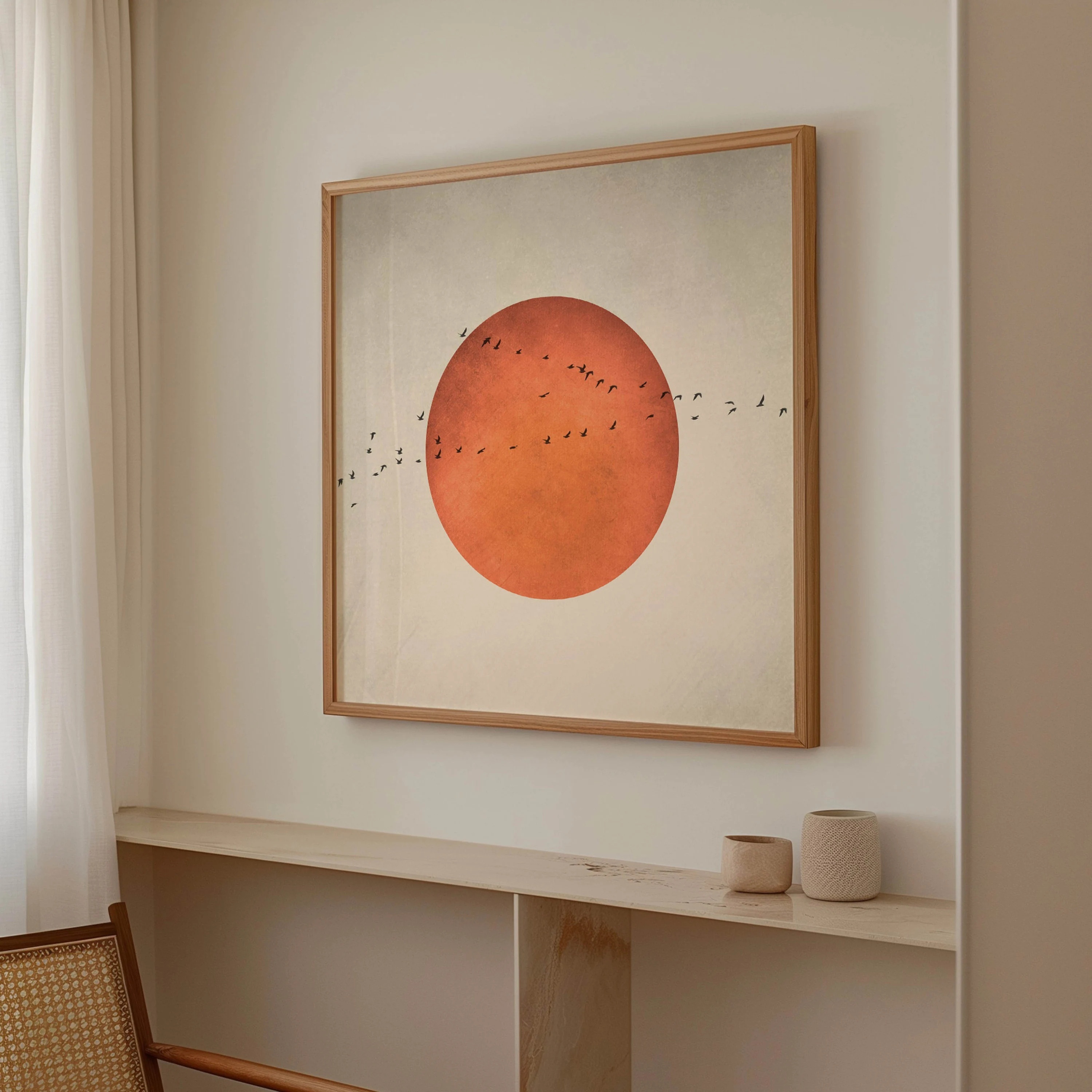 1pcs Minimalist Japanese style blood moon and birds wall art, abstract landscape square print for living room decor, home decor