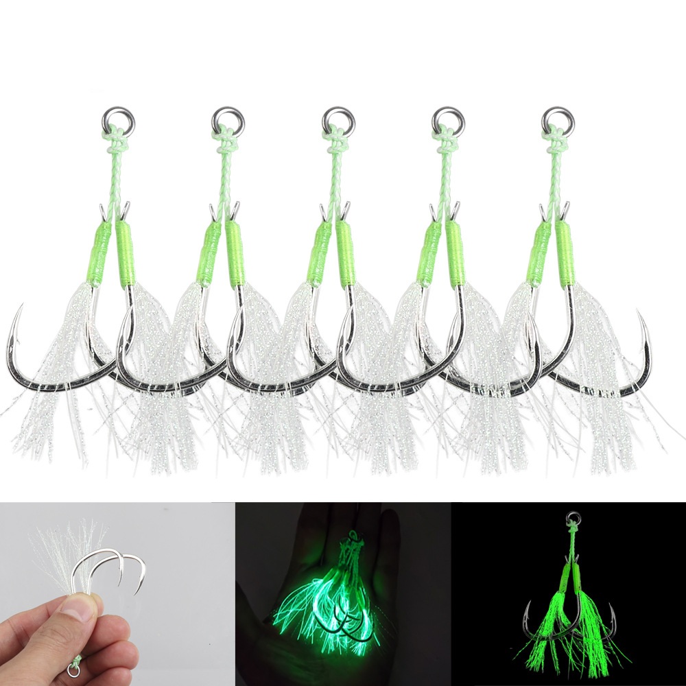 5 Pair Luminous Jigbait Hook Have Barbed Lure Tie Wool Iron Plate Auxiliary Hook Single Double Hook Scattered Hook Saltwater