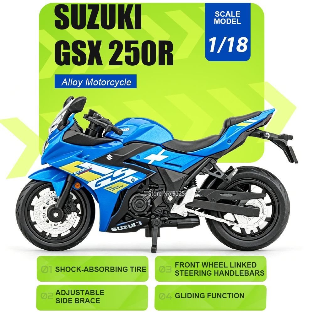 1:18 Scale Kawasaki H2R Suzuki GSX250R R3 Motorcycle Model Toy Alloy Body Linkage Steering Gliding Motorbike Hobby Ornaments