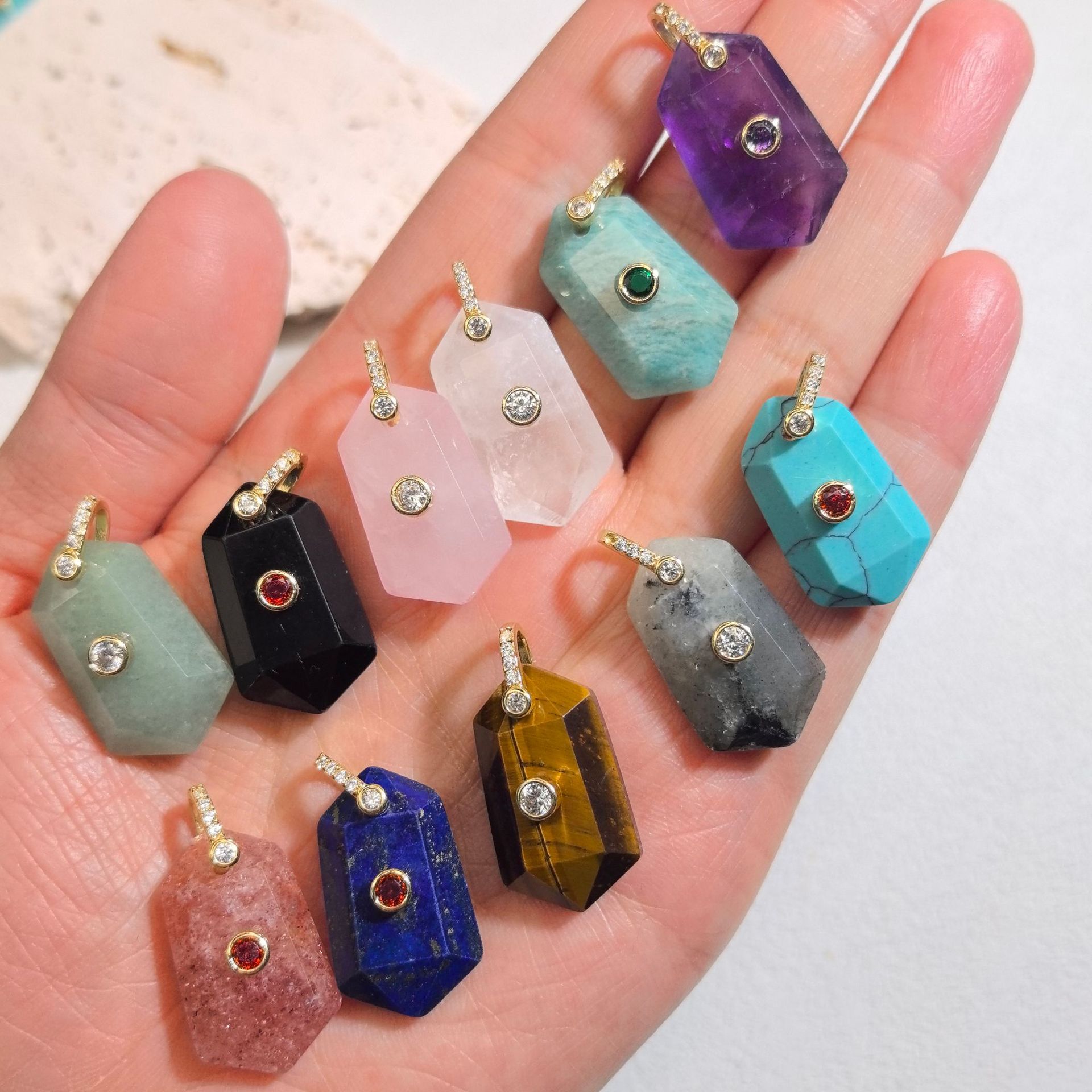 1pc Faceted Geometric Natural Stone Pendants with Inlaid Zircon Charms for Necklace Jewelry Making Rose Quartz Tiger Eye