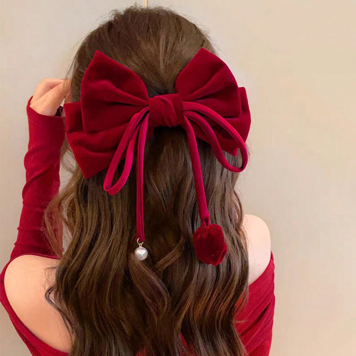 1Pcs Red Velvet Pearl Ribbon Oversized Bow Clip for Women Dances Headbands Soft Satin Hairpins Hairgrip Fashion Hair Accessories