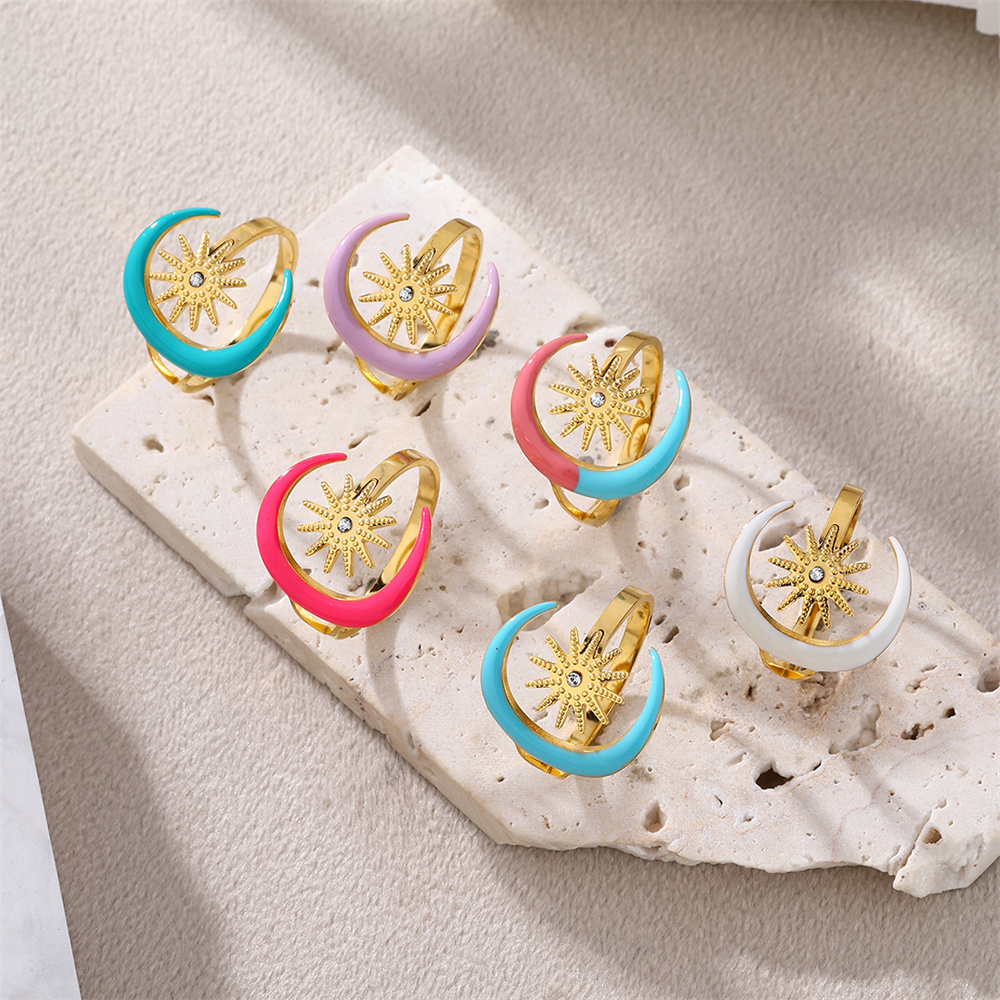 Kissmoon Trendy Colorful Enamel Moon Star Open Stainless Steel Ring for Women Sunburst Fashion Party Birthday Jewelry s