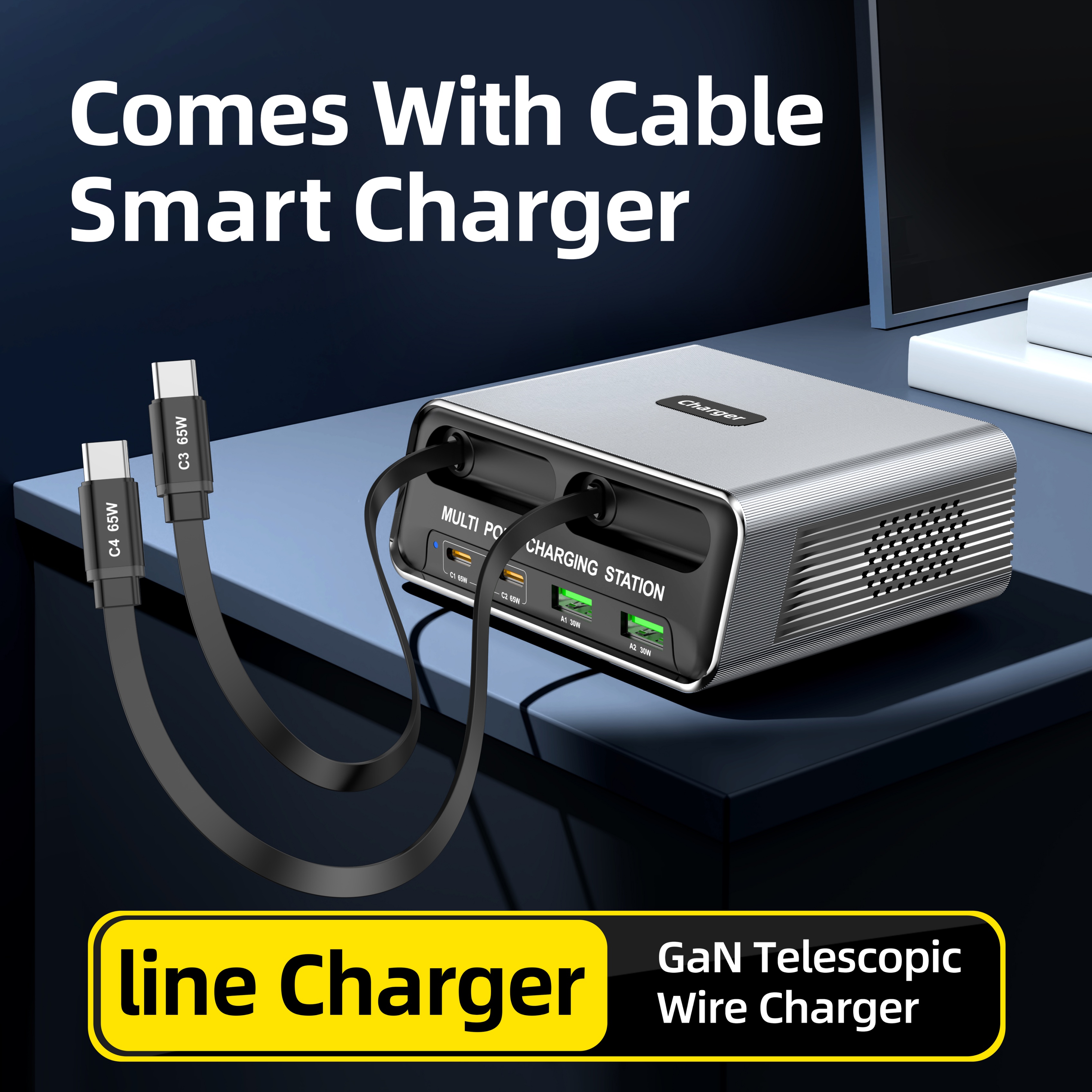 6-in-1 GaN Fast Charger Hub with 70cm Retractable Cable for Office And Gaming - Phone Charging Station