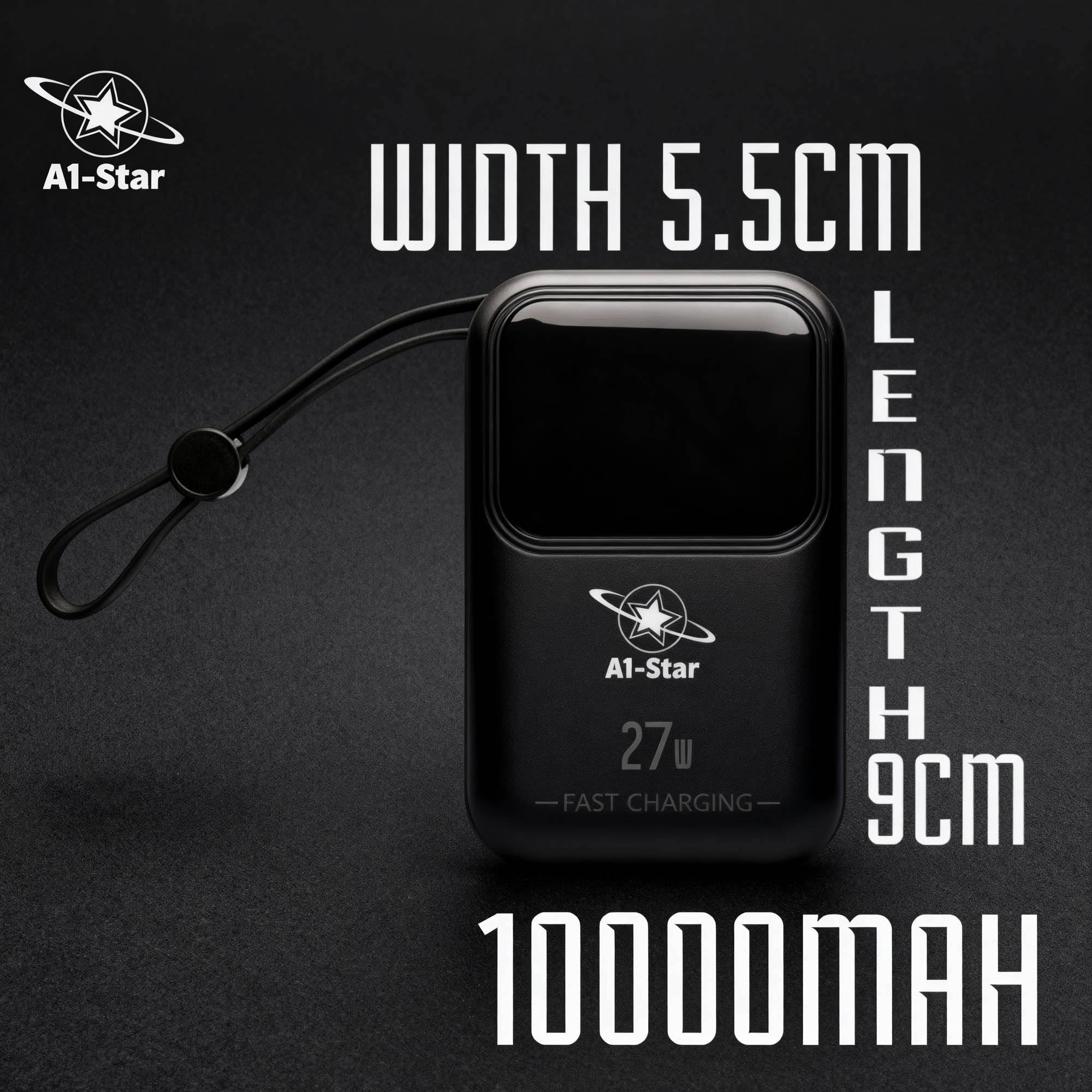 A1-Star Mini Portable 27W PD Fast-Charging Power Bank With | Built In Cables & Smart LED Display | 10,000mAh | Universal Pocket Friendly With Lightning + Type-C | Built-In Tethered Charging System | A1-PB1000mini |