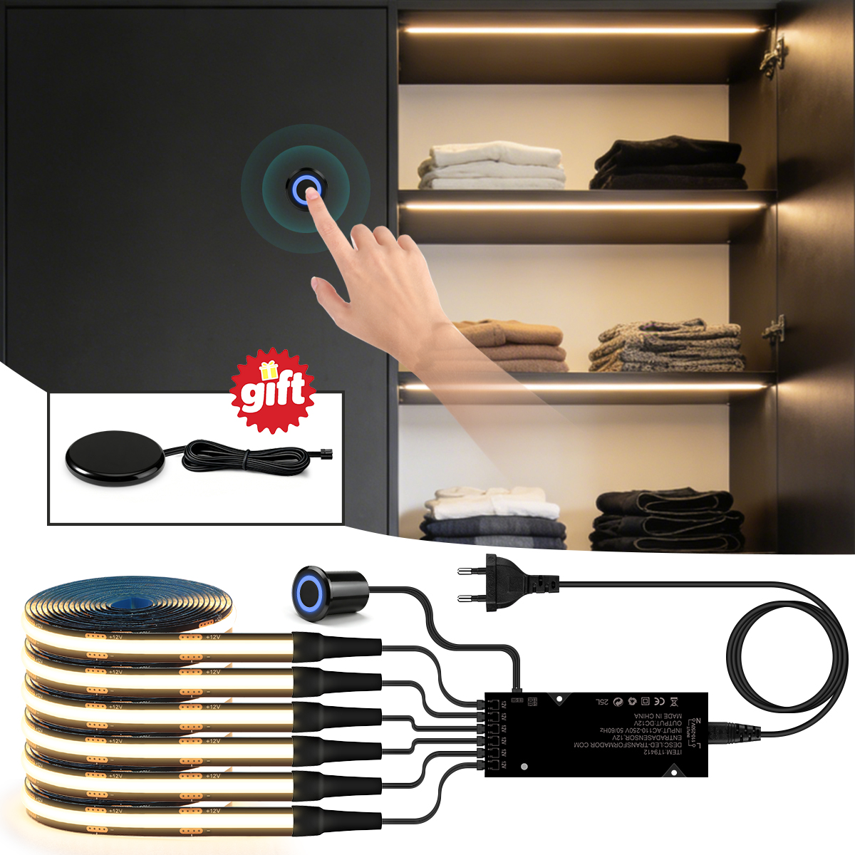 New Embedded Touch Switch Black PCB LED Light Strip With Eu/US/UK Plug Wall Cabinet Closet Wardrobe Showcase Decoration Lighting