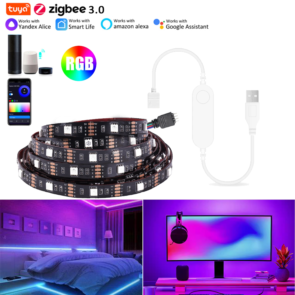 Zigbee USB 5V RGB LED Strip Light Tuya Smart Life APP Control 5050 Lamp Work With Alexa Home TV Back Lighting 2m 3m 5m lightify