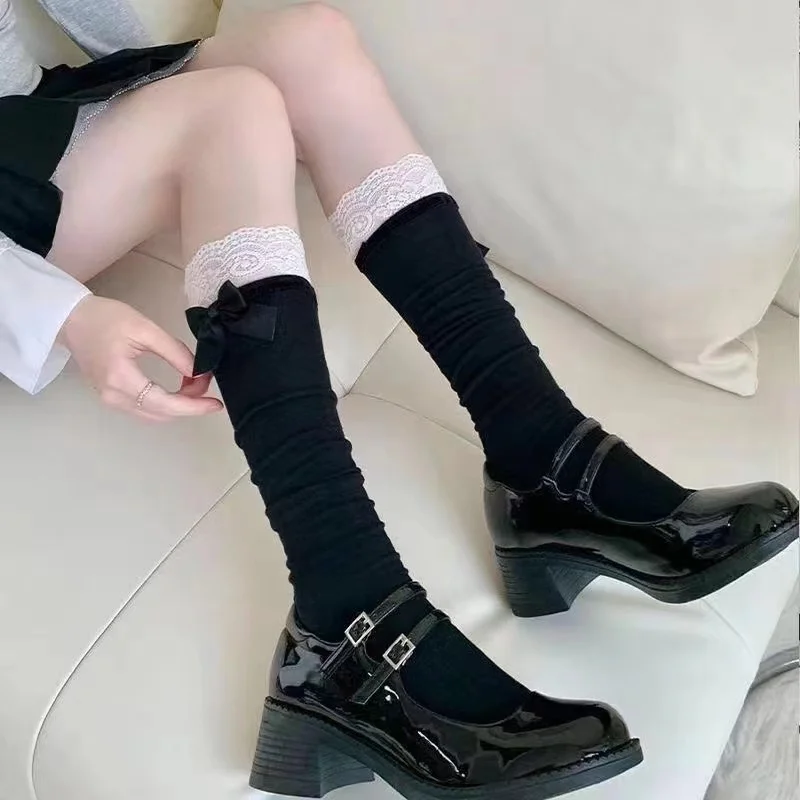 Woman Lace Bowknot Lolita Cute Middle Tube White Socks Sweet JK Girl Black Stockings