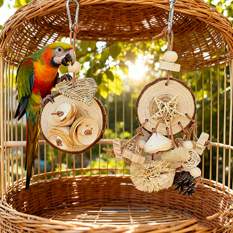 Parrot Bird Beak Grinding Toy Solid Wood Rattan Chewing Toys String Natural Grass Ball Cork Molar Supplies for Pet Bird Training
