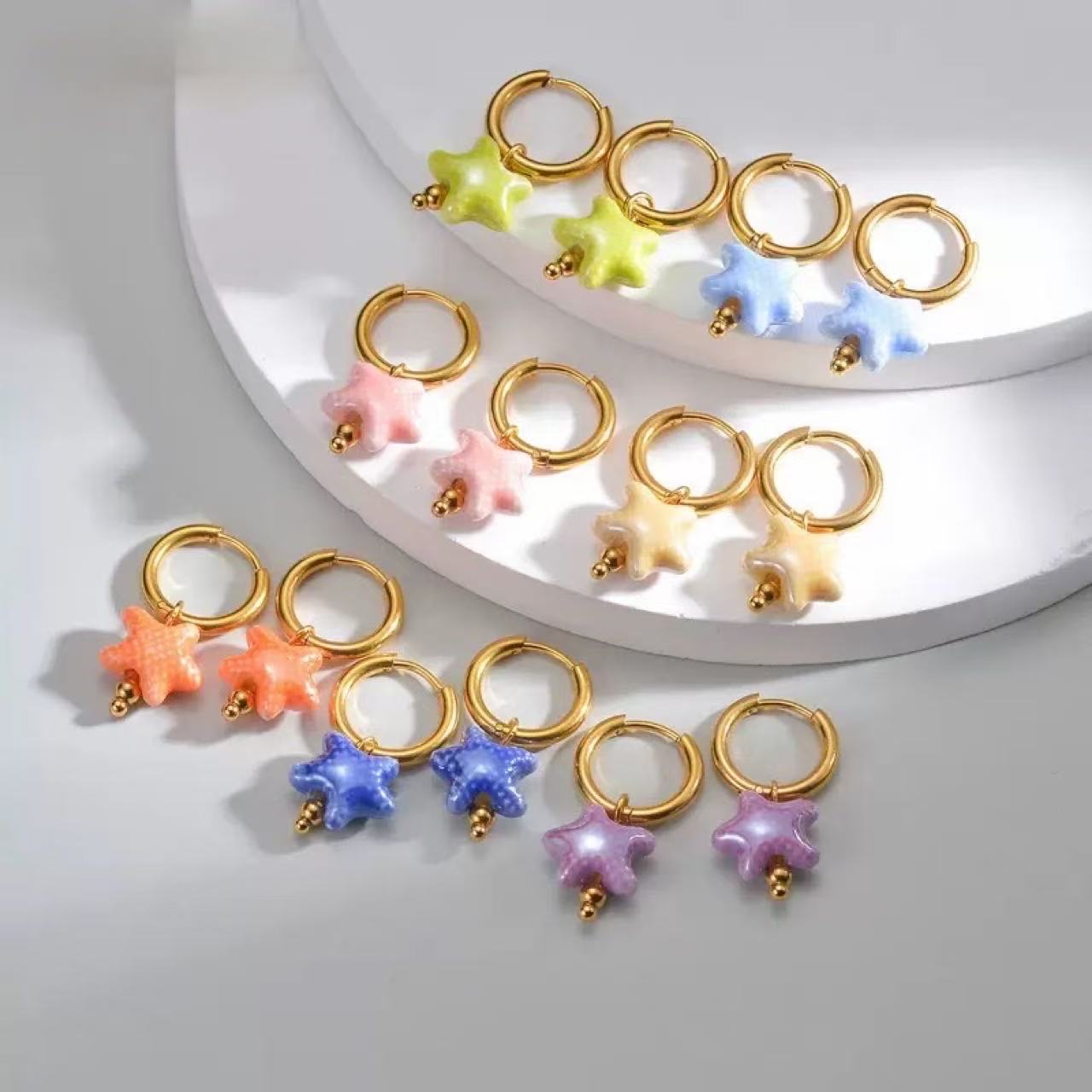 1Pair Ceramic Beads Starfish Dangle Pendant Hoop Earrings for Women Stainless Steel Marine Organism Series Ear Jewelry
