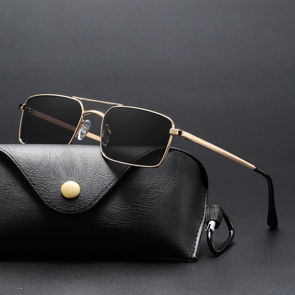 Vintage Double Bridge Square Sunglasses Gold Metal Frame Black Lens Luxury Style Men's Sun Glasses Streetwear Eyewear