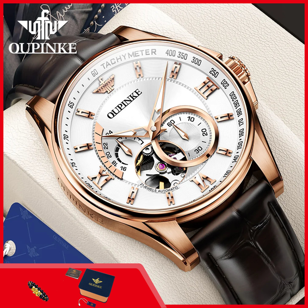 OUPINKE 3222 Luxury Automatic Men's Watches Original Genuine Leather Strap Fashion Casual Hollowed Mechanical Wristwatch for Man