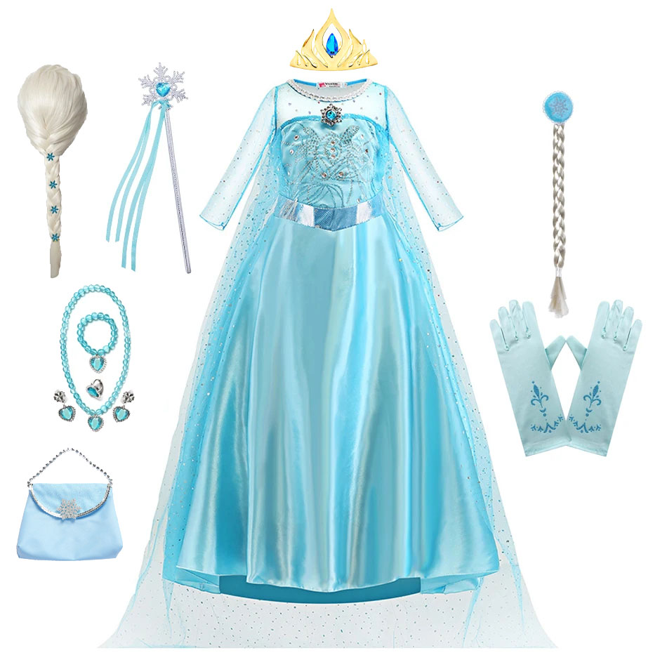 Princess Dress for Girls Blue Princess Mesh Ball Gown Costume Elsa Halloween Cosplay Dresses Kids Queen Carnival Clothing 2-10Y