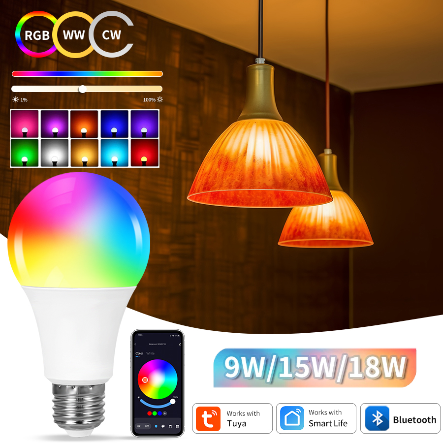 E27 220V Tuya Smart Bluetooth LED Bulb 9W 15W 18W RGB Lamp Smart Life APP Control Timer Function Dimmable Lampada Room Decor
