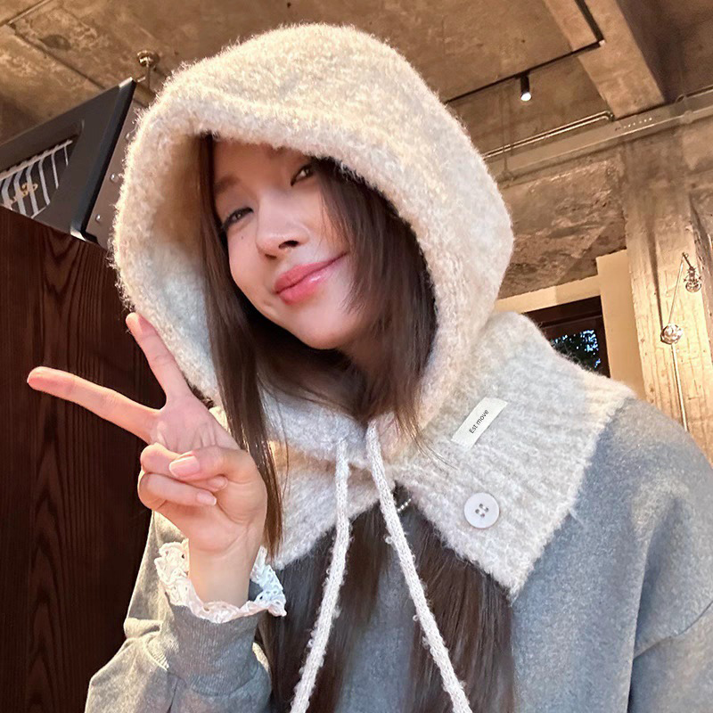 Korean Style Hat Scarf Women's Autumn And Winter Warm Ear Protection Hooded Scarf Knitted Wool Hat