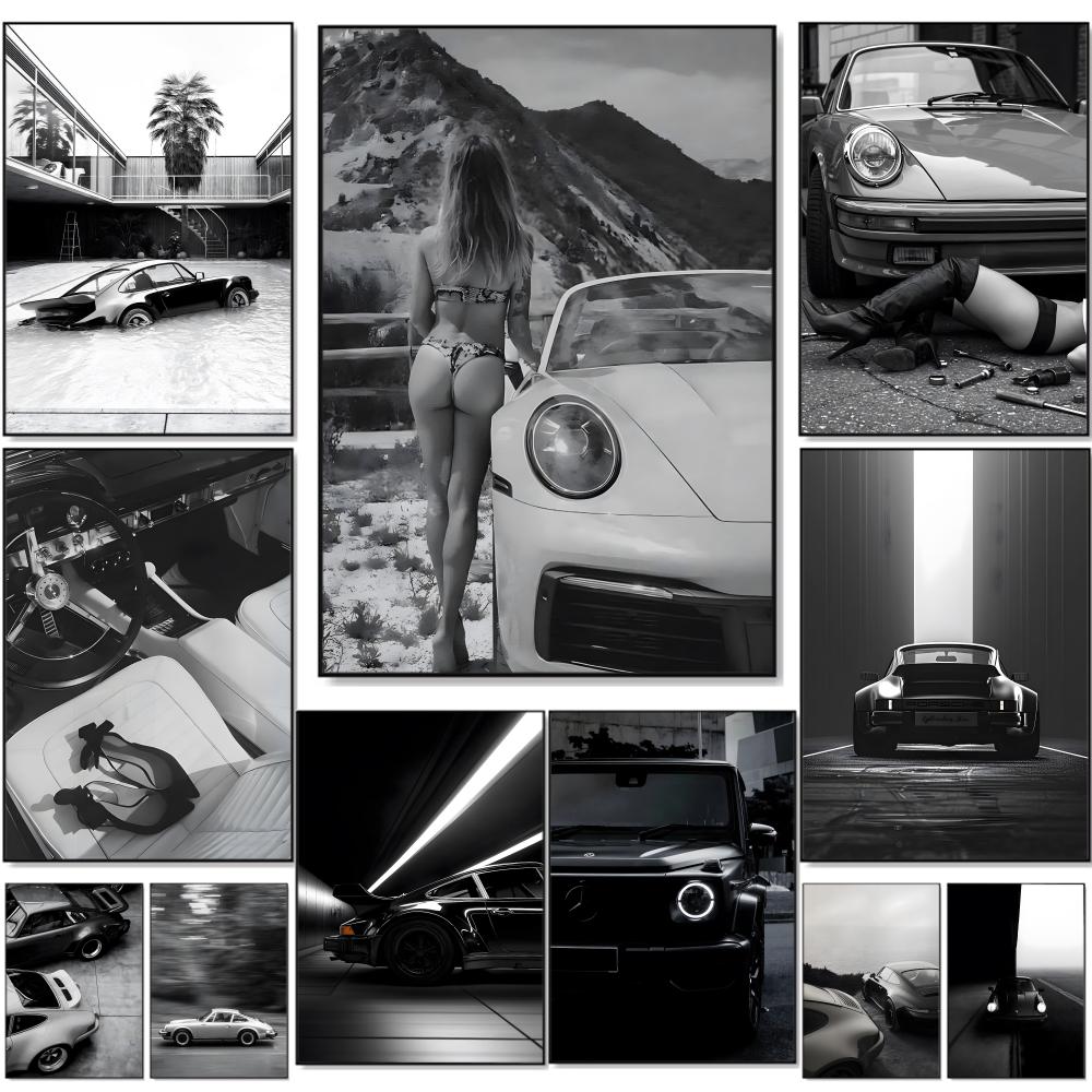 Black white Luxury Sports Car Painting Calligraphy Premium Cotton Canvas Wall Art Poster HD Scratch Resistant Perfect Gift