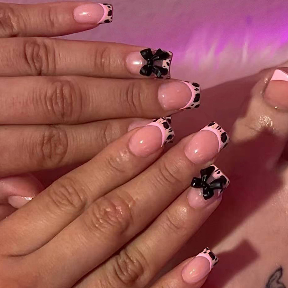 24pcs Short Square Bow leopard print French tip Press-On Nails Short Fit Perfect Acrylic False Nails Set Including: 1pc Jelly Gl